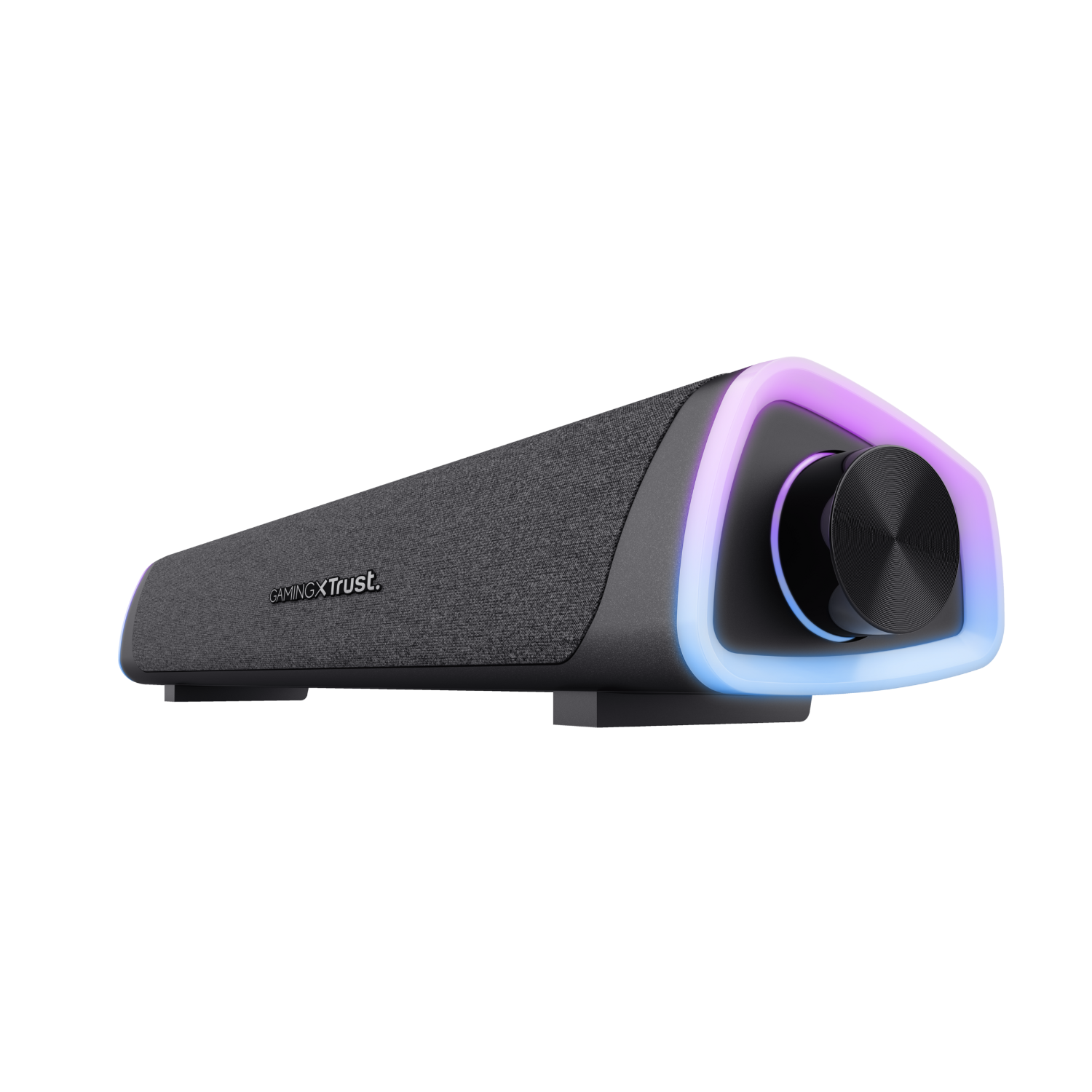 Een zwarte gaming speaker met RGB-verlichting en volumeknop.