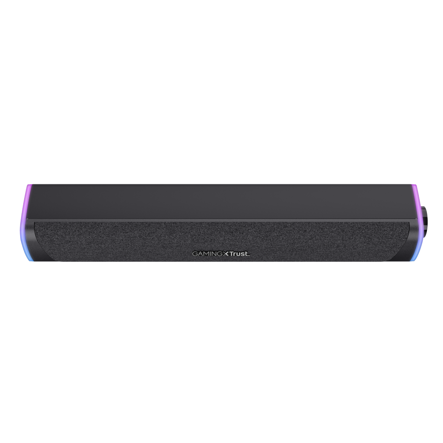 Een zwarte soundbar met RGB-verlichting aan de zijkanten en 'GAMING X Trust'-logo.