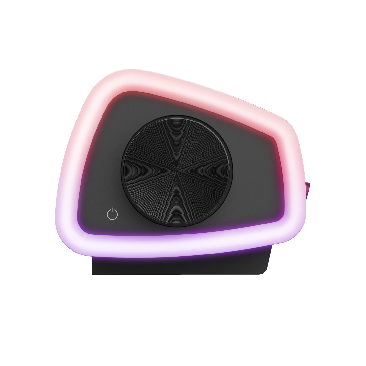 Een zwarte luidspreker met draaiknop en aan/uit-symbool, omlijst door paarse en roze verlichting.