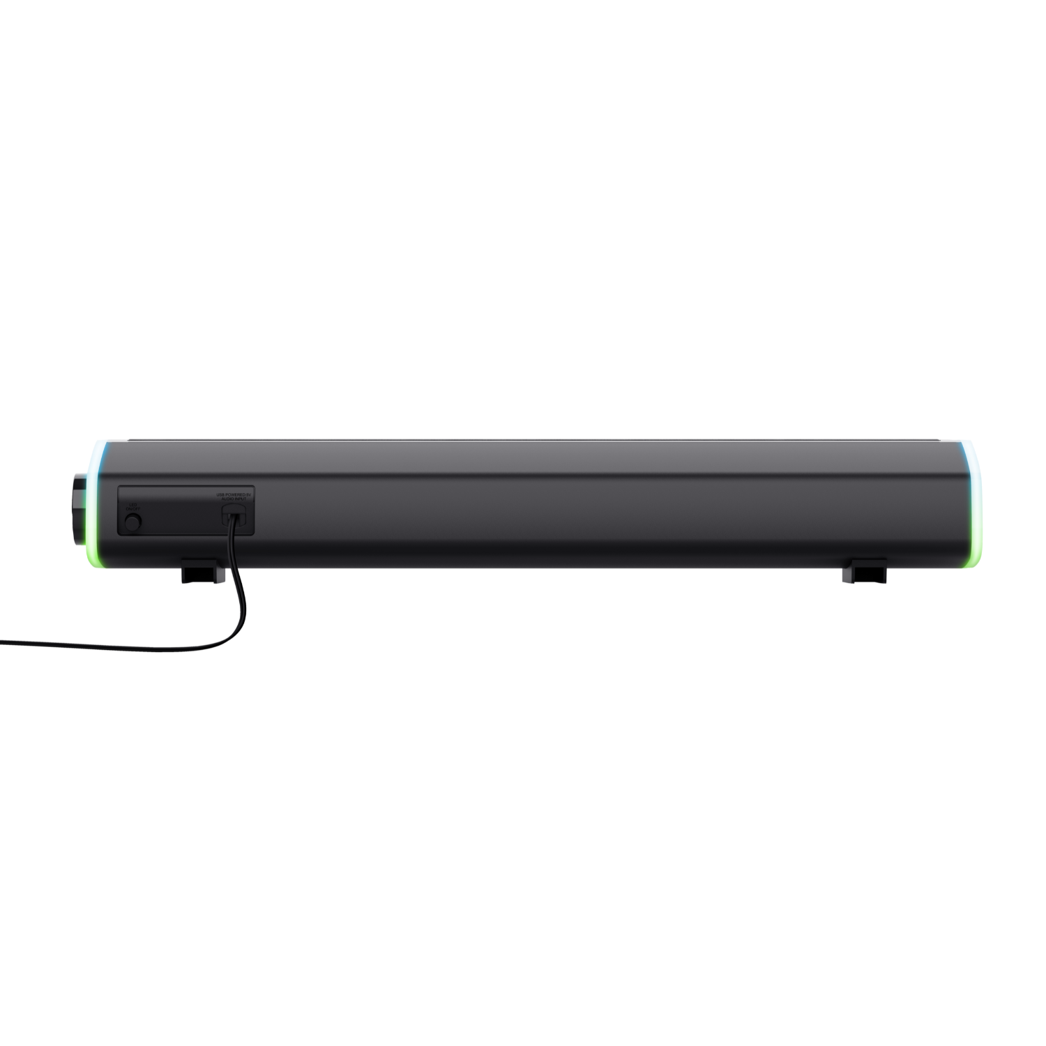 Zwarte luidspreker met groene accenten, USB-poort en aan/uitknop.