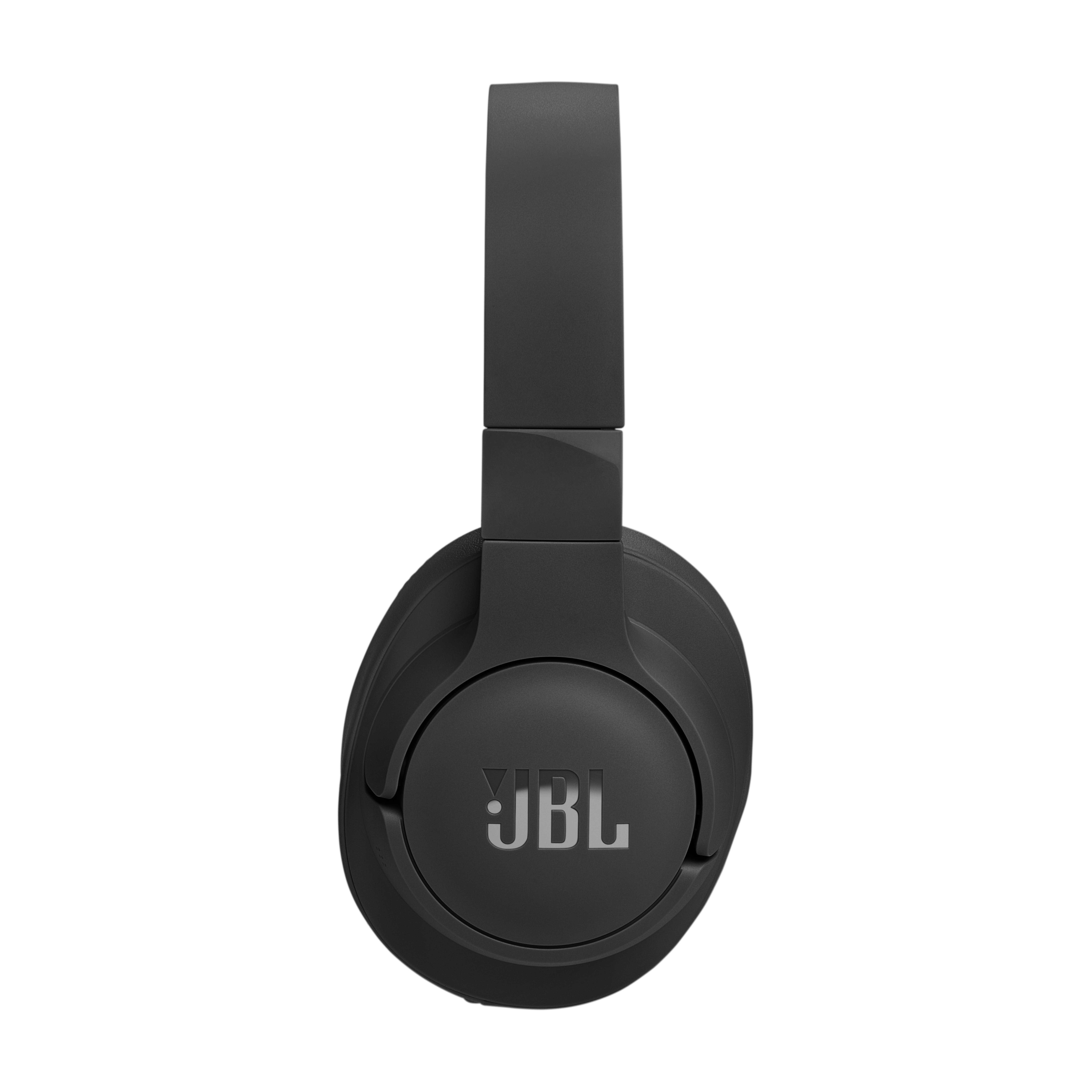Siyah JBL kulaklık, önden görünüm, beyaz arka plan üzerinde izole edilmiş.