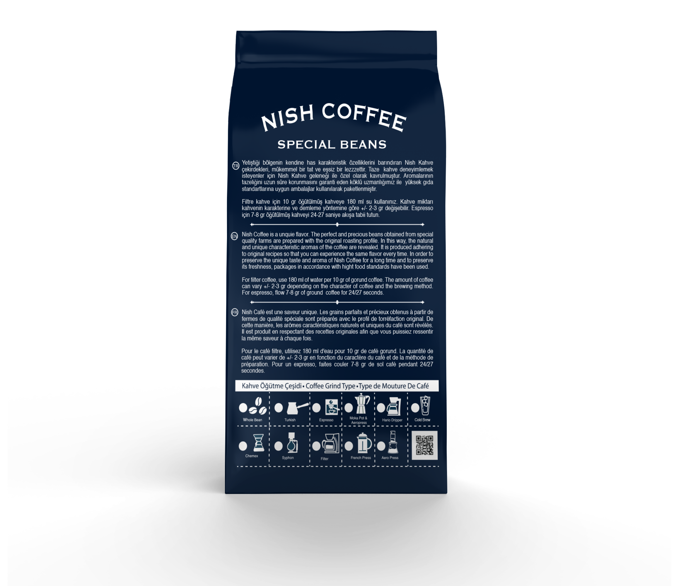 NISH COFFEE SPECIAL BEANS torbası, kahve hazırlama metni ve çizimleriyle.