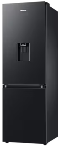 Czarna lodówka Samsung z dozownikiem wody. Czarne tło.