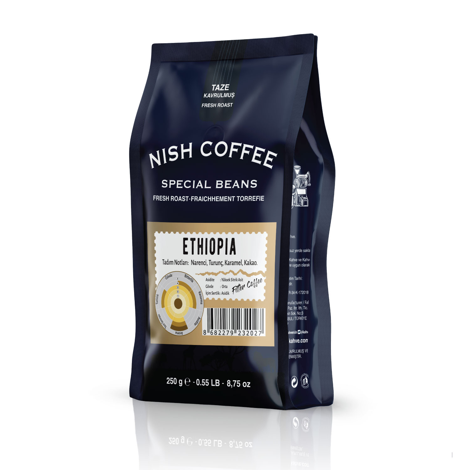 'Nish Coffee' markalı, 'Etiyopya' ve aroma notalarını gösteren, barkodlu siyah bir kahve poşeti.