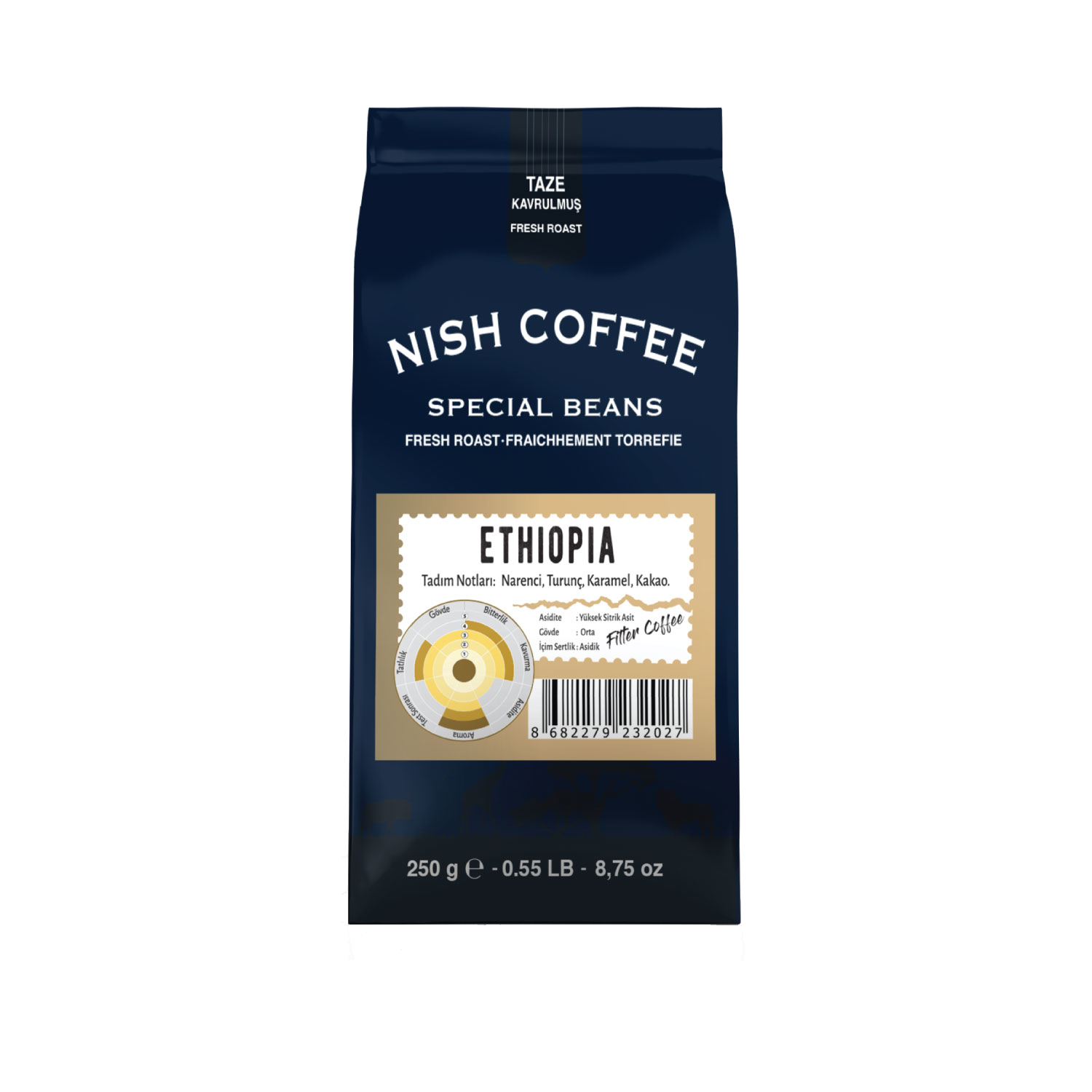 Kahve paketi. Koyu mavi çanta. 'NISH COFFEE' etiketi, 'ETHIOPIA' etiketi. Metin ve grafik bilgileri.