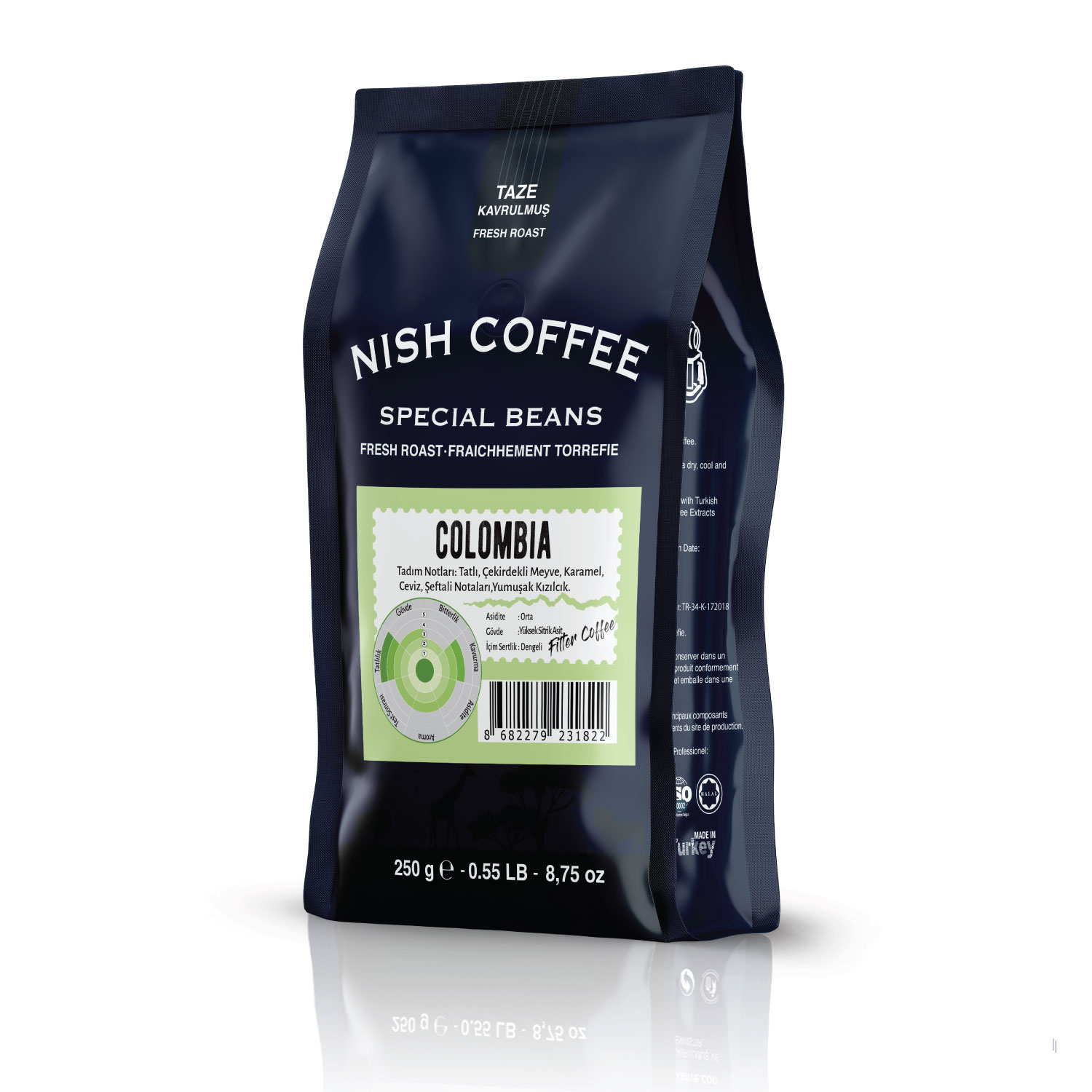 Nish Coffee'nin siyah torbası, Kolombiya, yeşil etiket ve çekirdek diyagramı ile. Taze kavrulmuş kahve.