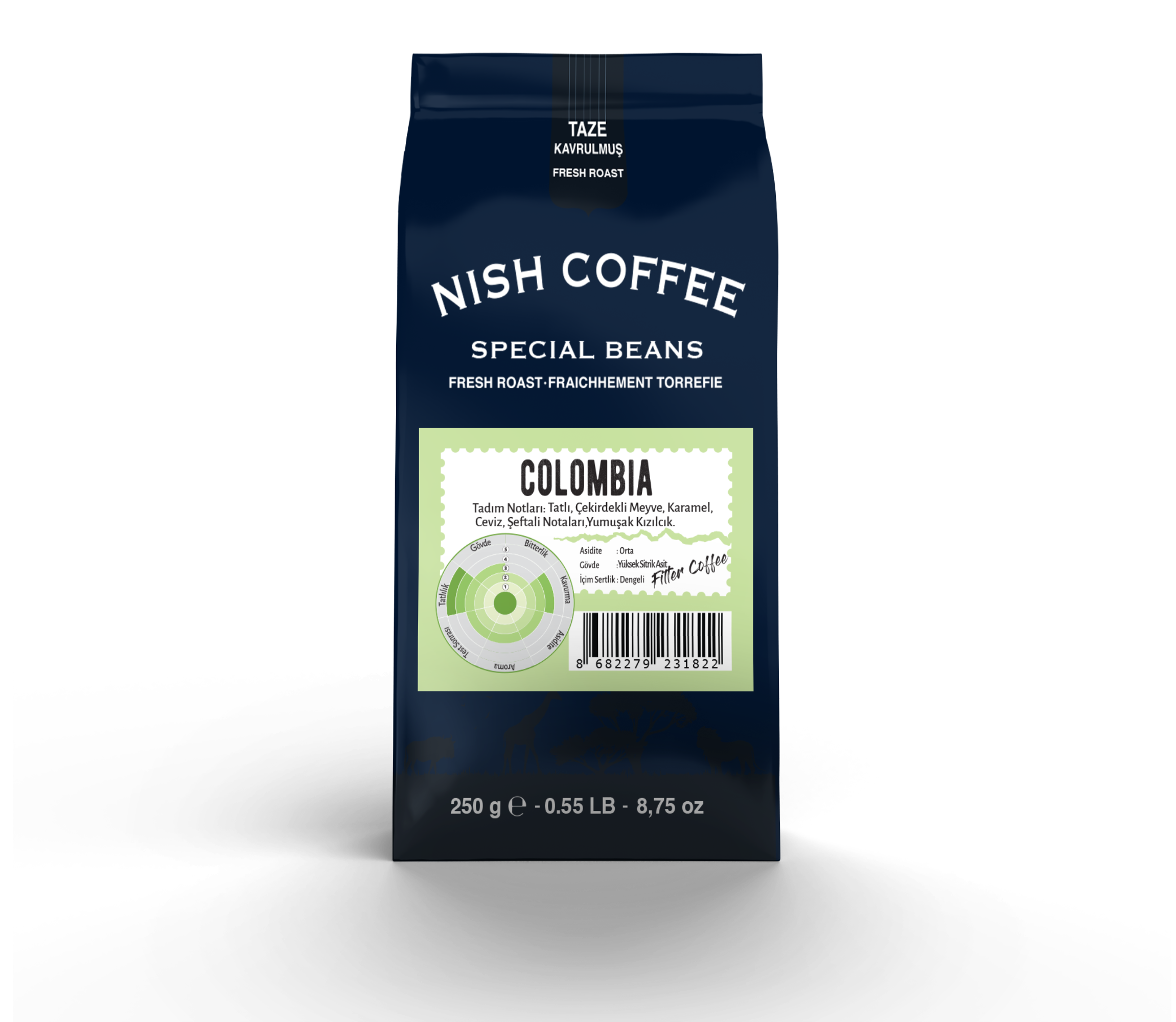 Nish Coffee Special Beans, Kolombiya, torbası, metin ve grafiklerle.