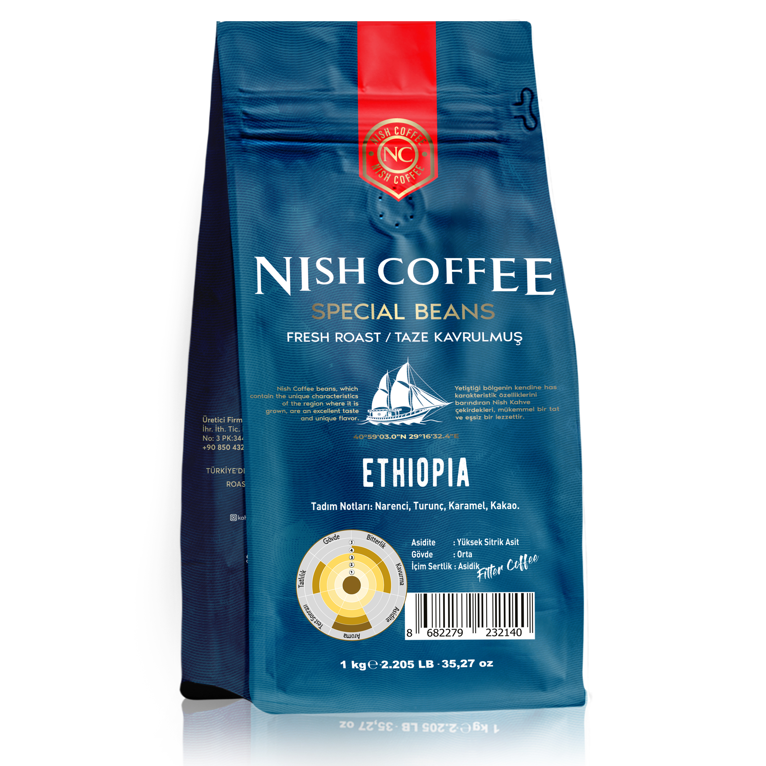 Nish Coffee, Etiyopya'nın mavi bir çantası. Metin ve harita, tat notları ve bir tekne görüntüsü içerir.