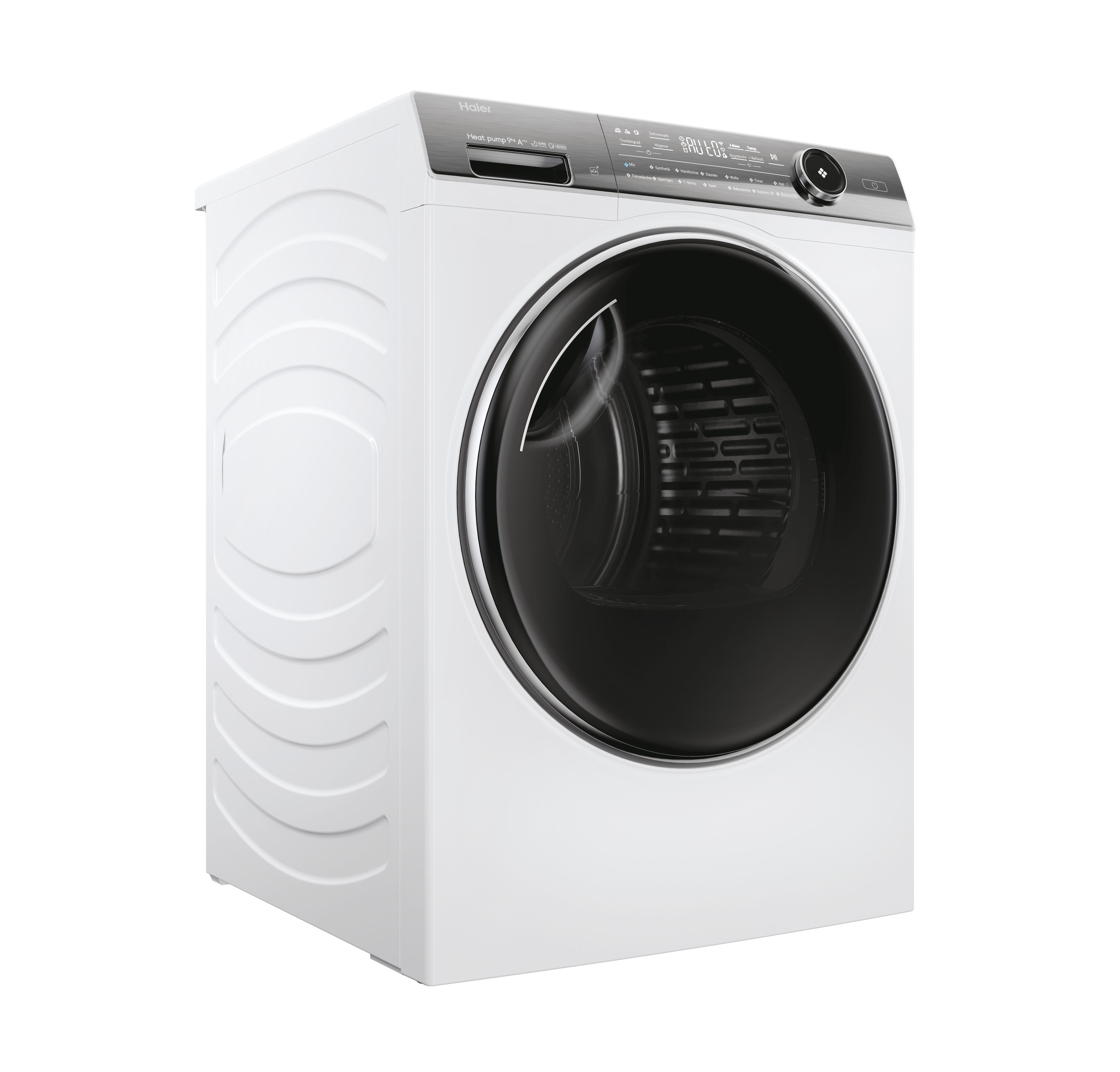 Weiße Haier Waschmaschine mit schwarzer Tür und Bedienfeld. Seitenansicht, mit geschwungenem Design.