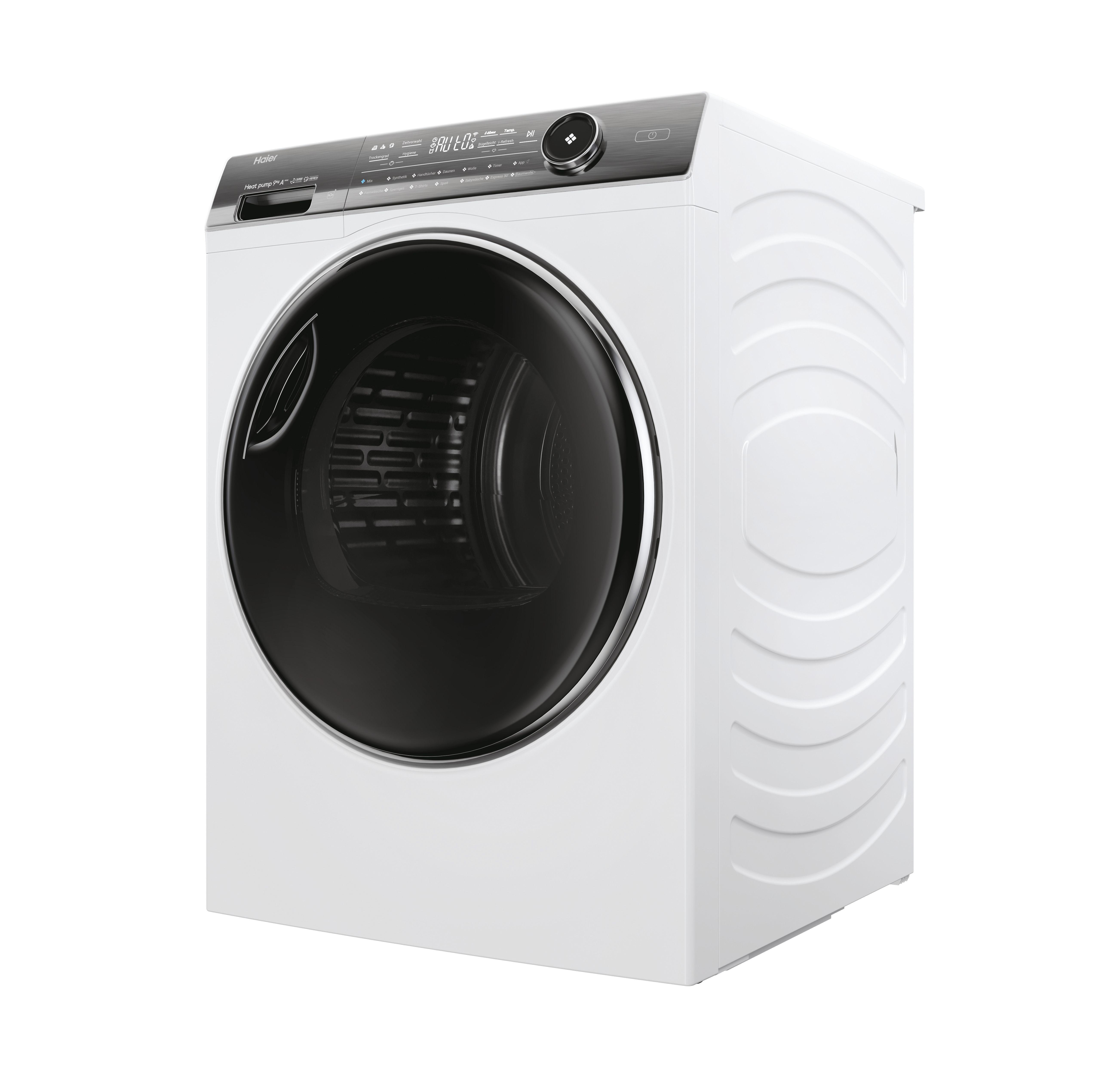 Weiße Haier Waschmaschine. Sie hat eine schwarze Tür und ein Bedienfeld oben.