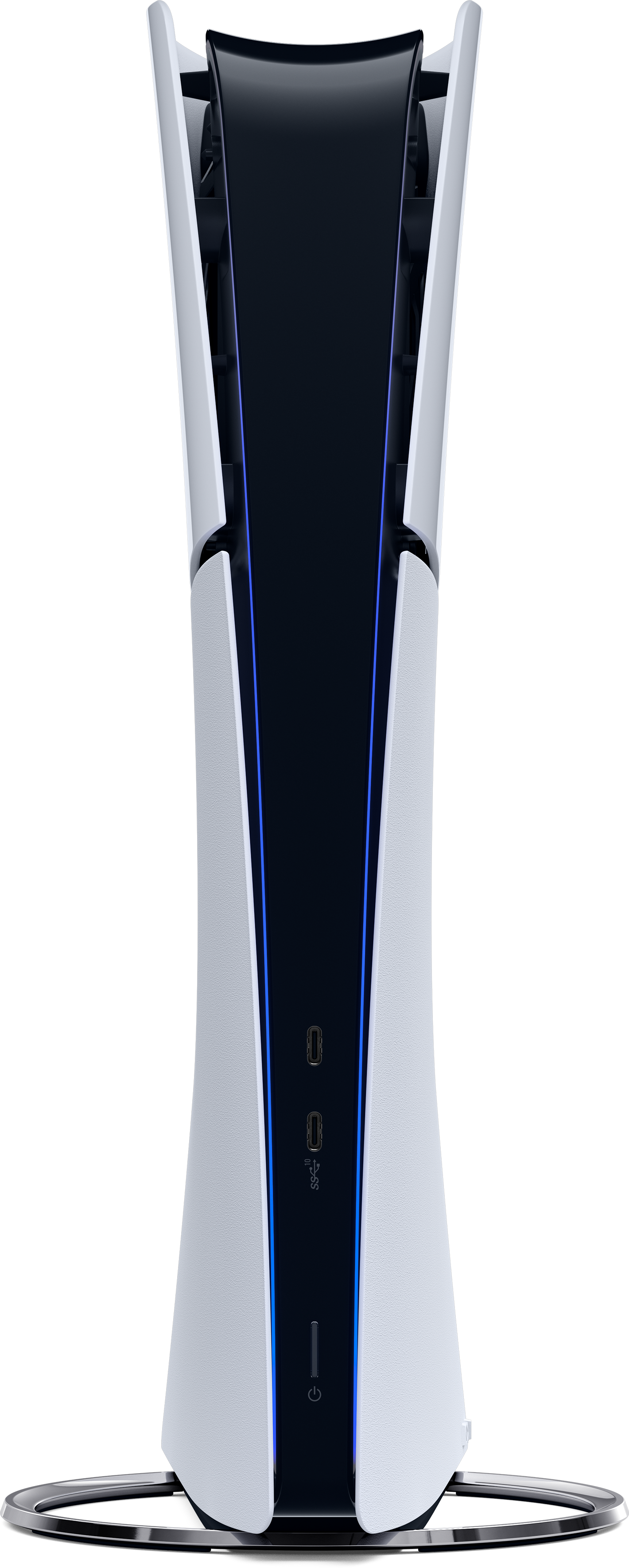 A vertical game console with a black center and white sides. Ports are visible at the bottom.