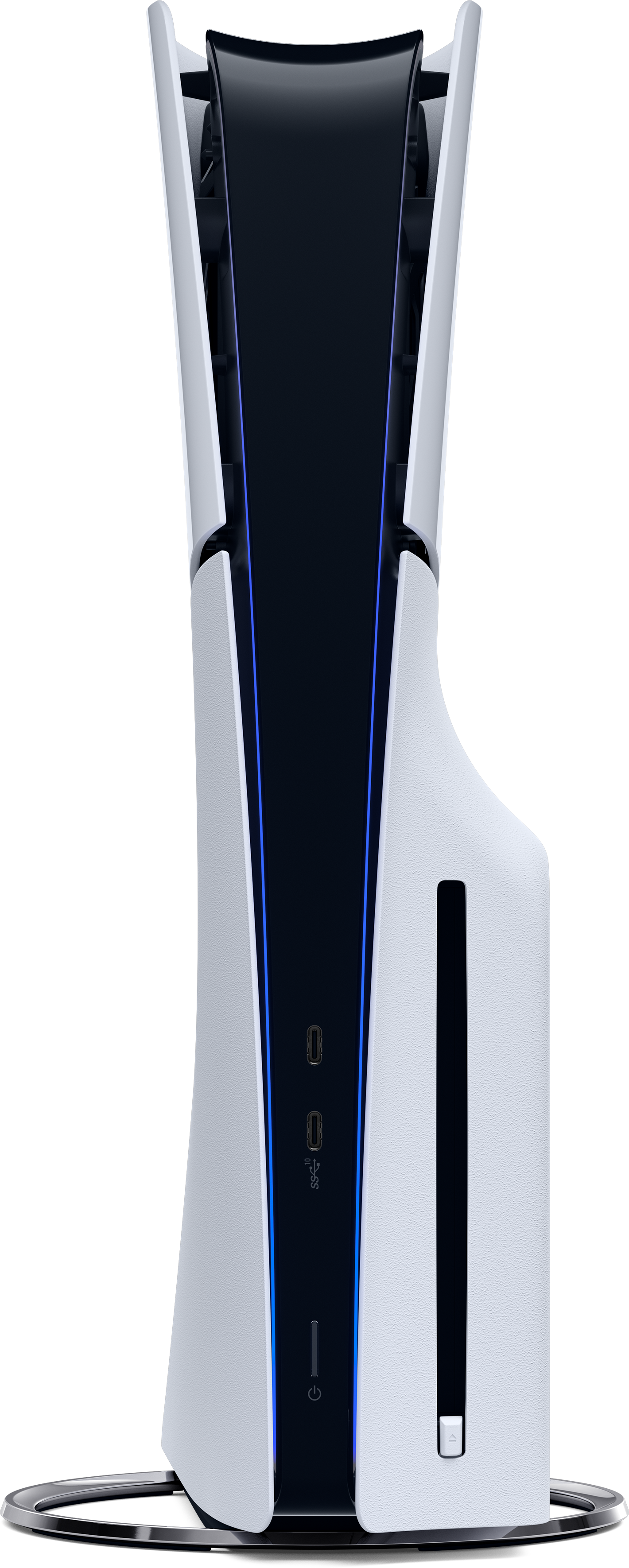 PlayStation 5 console, white and black design, vertical on a silver base.