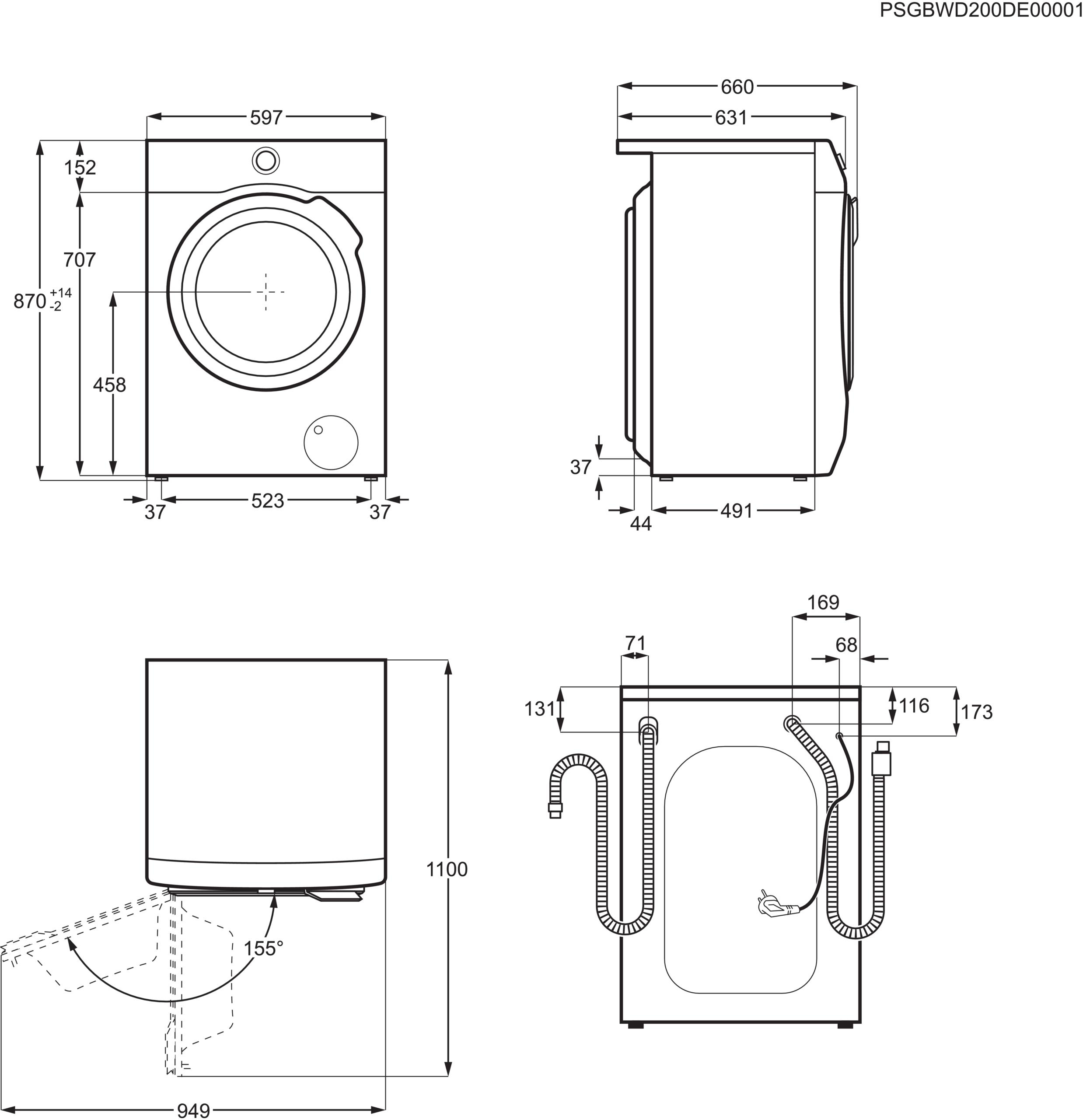 Technische Zeichnungen einer Waschmaschine, die Abmessungen und Details zeigen.