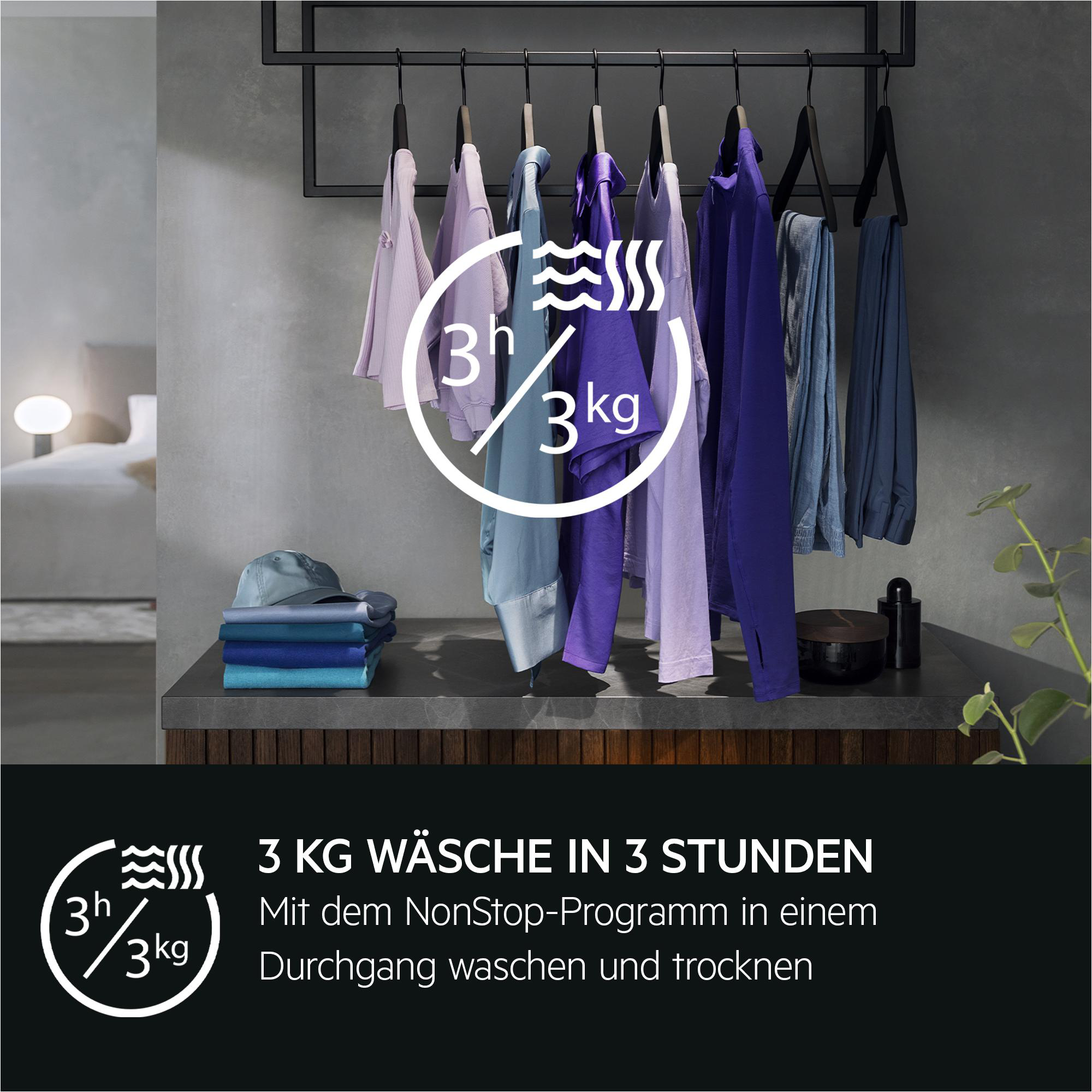 Wäschetrockner mit hängender Kleidung und Grafik, die 3 kg in 3 Stunden zeigt.