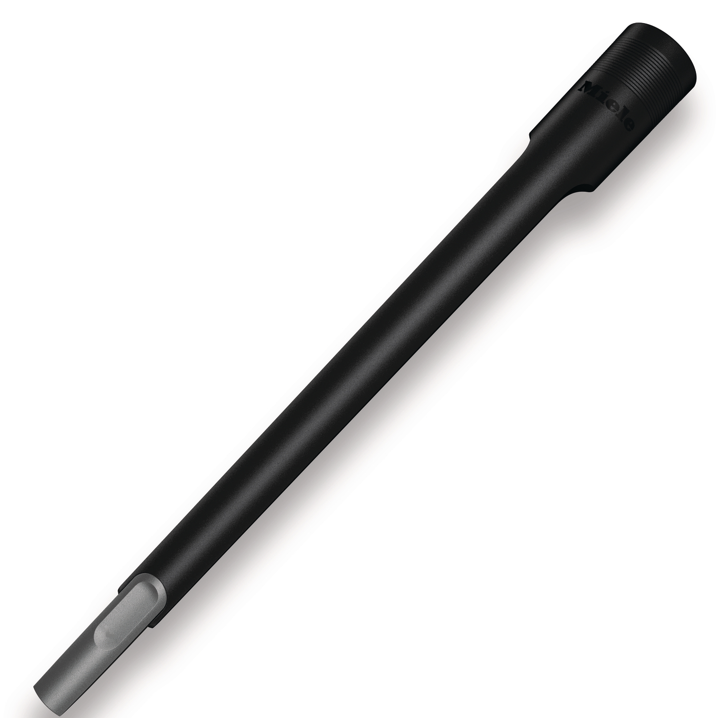 Ein schwarzes Miele Staubsauger-Verlängerungsrohr mit silberner Spitze.