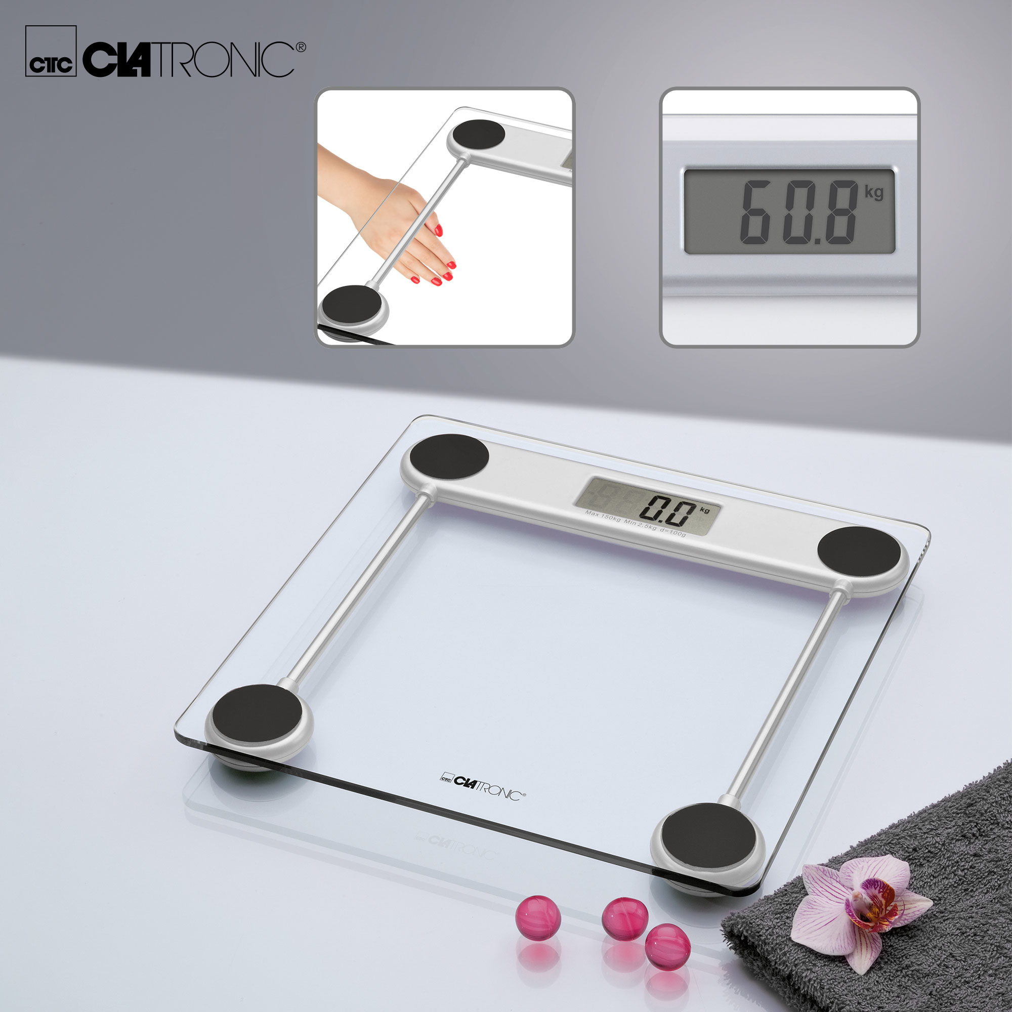 Fehér és ezüst fürdőszobai mérleg. 60,8 kg-ot mutat. Két kisebb kép részleteket mutat. Rózsa golyók és virág.