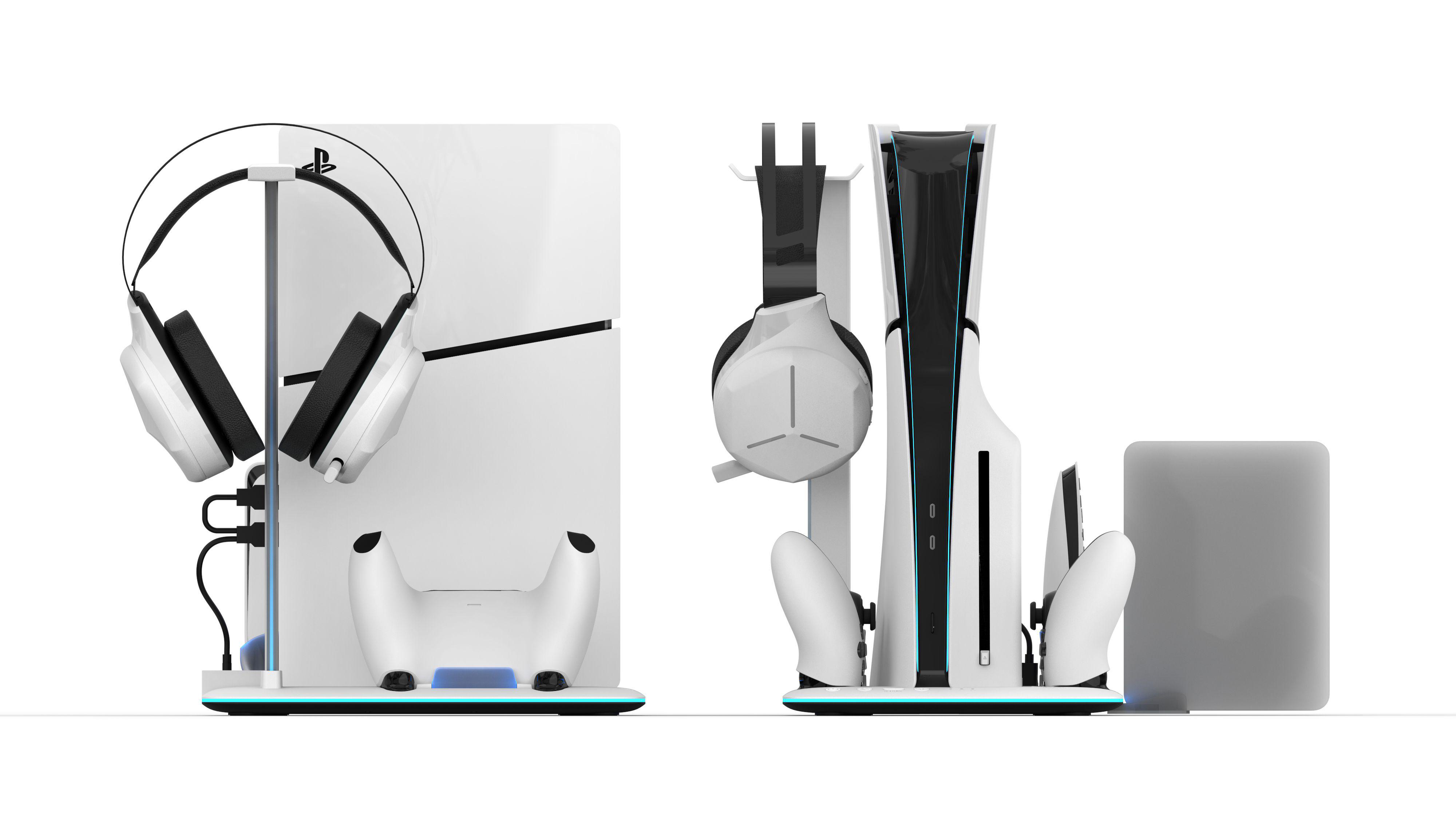 Weiße PlayStation 5 mit Zubehör auf einem Ständer, einschließlich Kopfhörer und Controller.