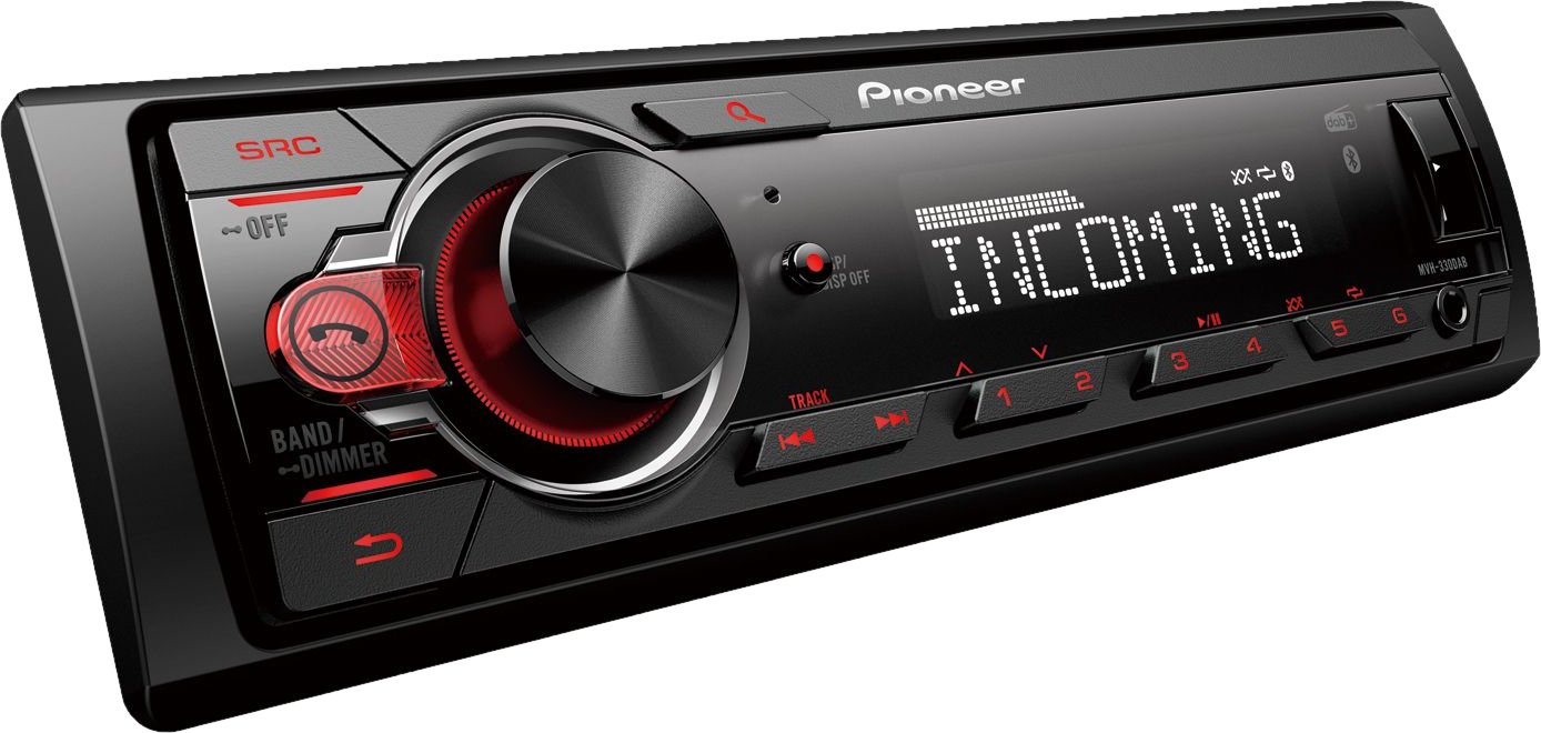 Schwarzes Autoradio mit Digitalanzeige 'INCOMING'.