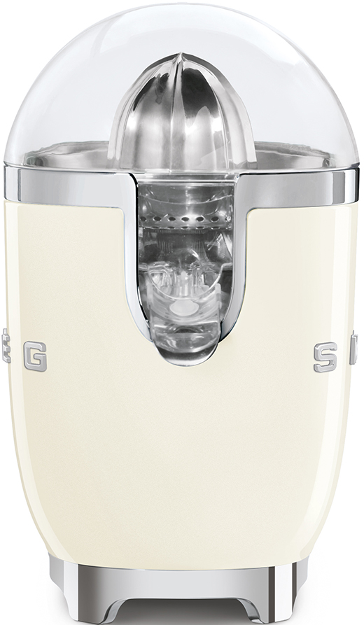Uno spremiagrumi elettrico color crema con coperchio trasparente, sfondo bianco.