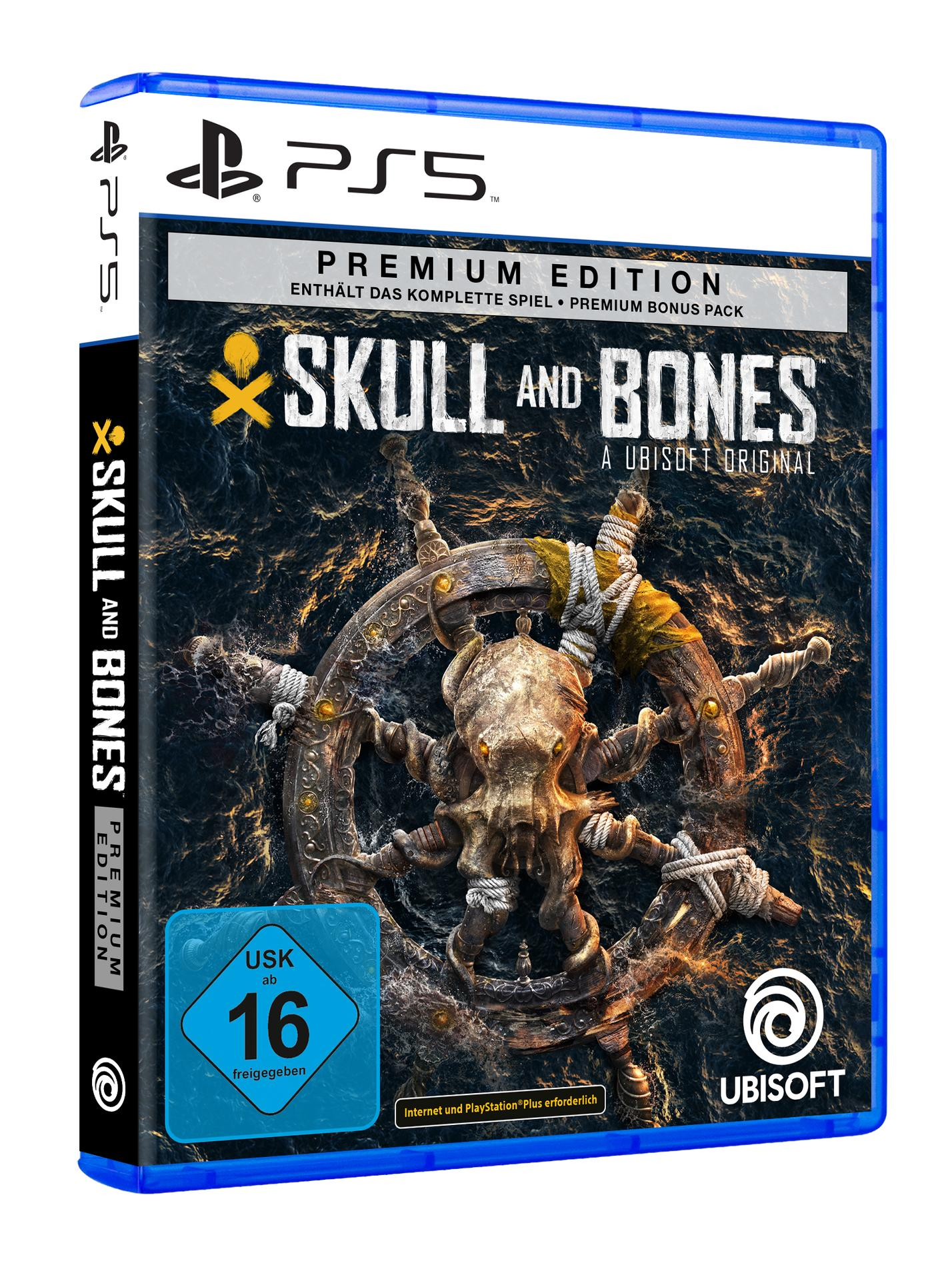 PS5-Spielbox: Skull and Bones, Piratenschiff-Raddesign, Totenkopf, dunkles Meer, Ubisoft-Logo.