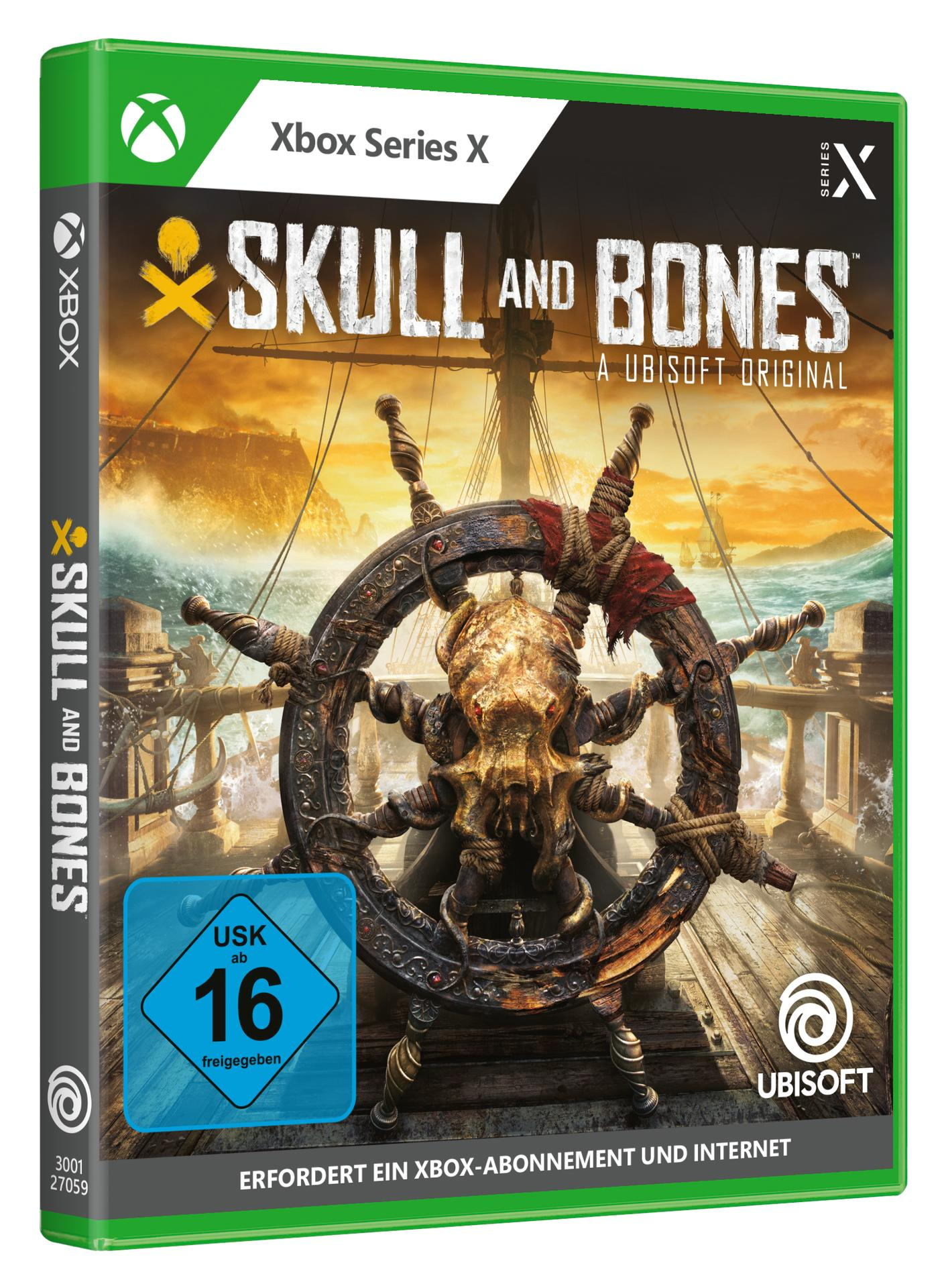 Xbox Series X Spielhülle: Skull and Bones. Zeigt ein Steuerrad mit Totenkopf, Wellen und einem fernen Schiff.