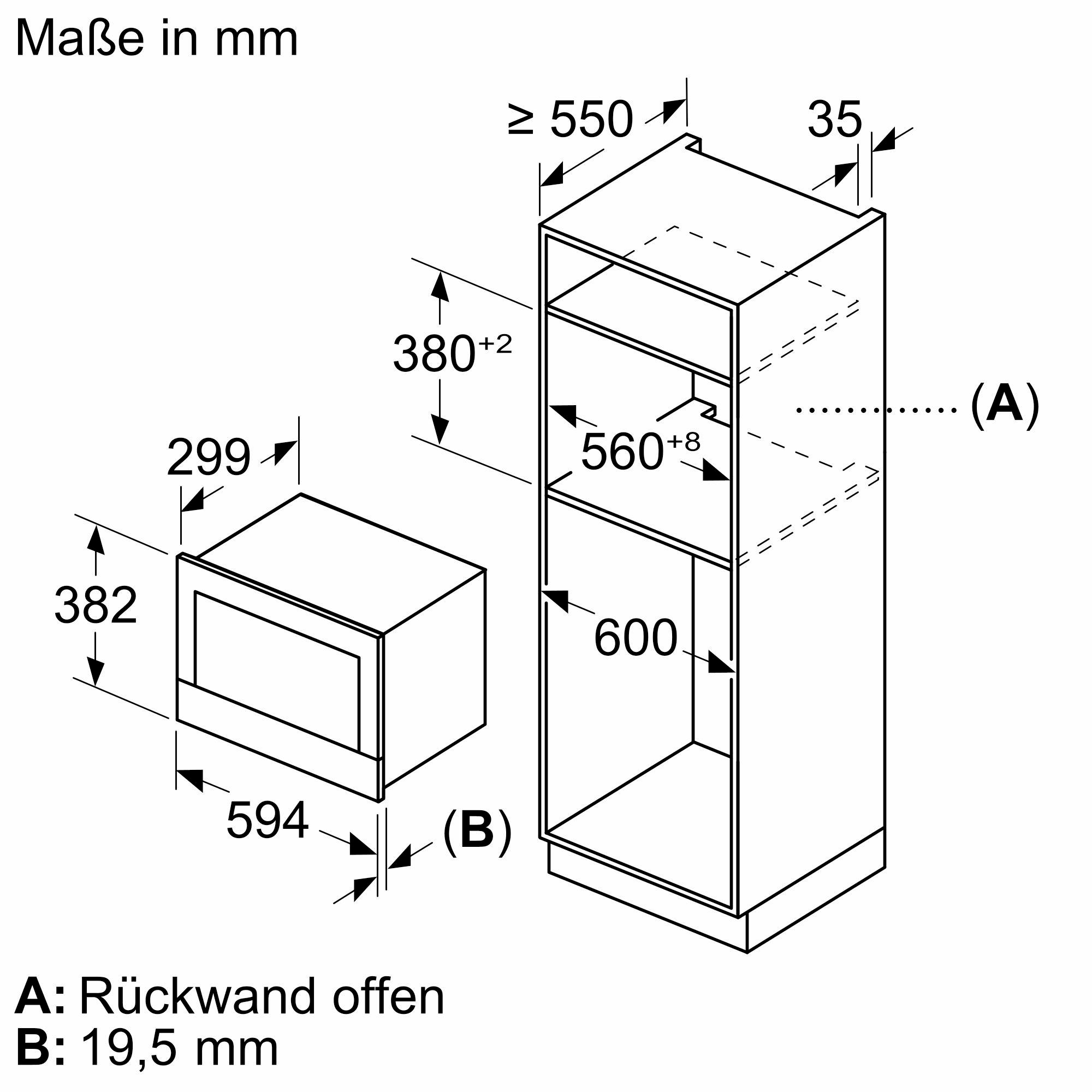 Diagramm eines Einbau-Mikrowellenherds und eines Schranks. Die Abmessungen sind in mm angegeben.