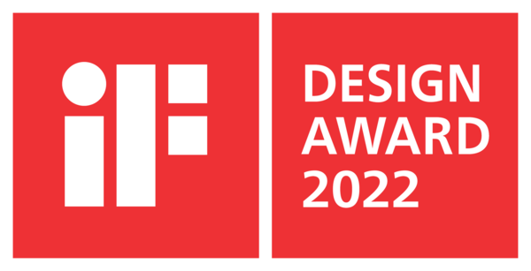 iF Design Award 2022 logosu, beyaz metin ve sembollerle kırmızı bir kare.