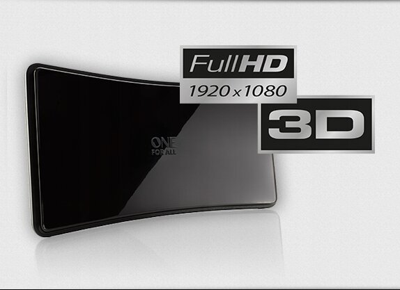 Czarne urządzenie One For All z etykietami Full HD i 3D na jasnoszarym tle.