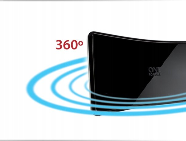 Czarna antena z tekstem '360°' i niebieskimi falami na białym tle.