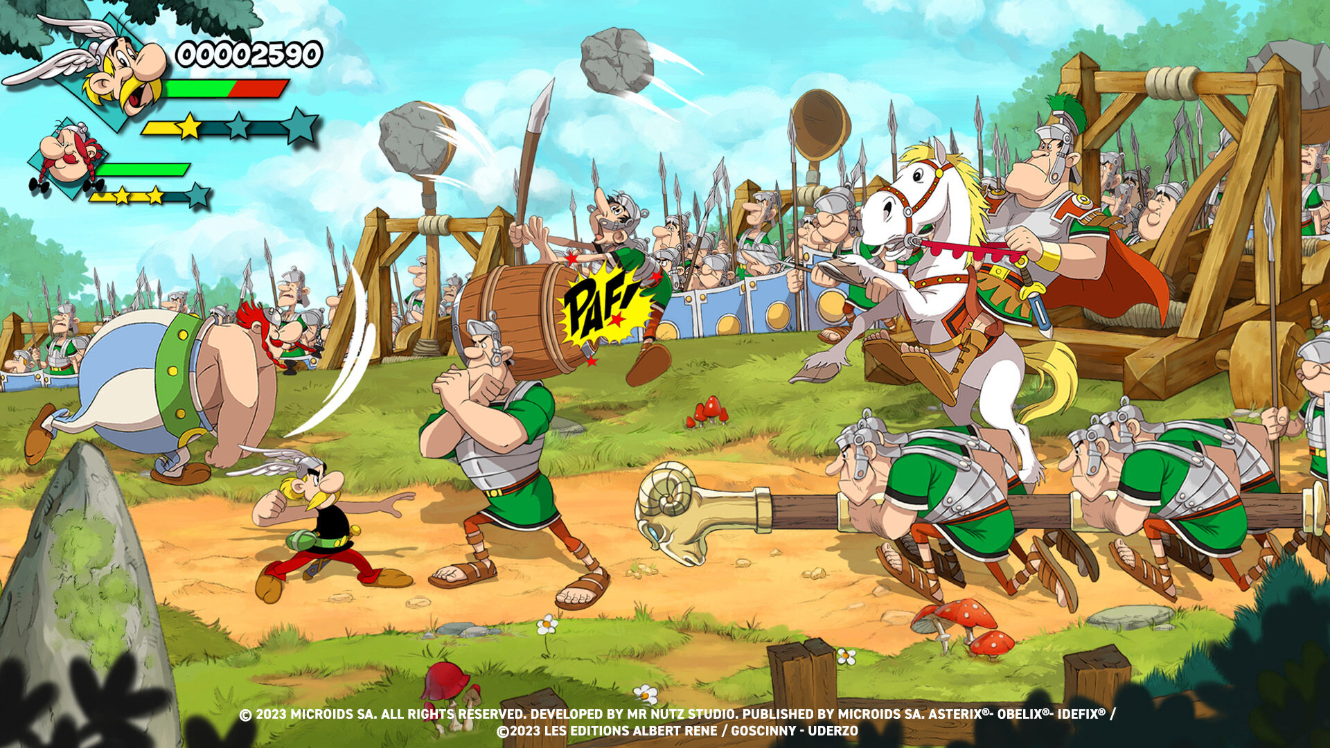 Komiks z Asterixem walczącym z Rzymianami. Asterix w akcji, inni Galowie i Rzymianie na polu bitwy.