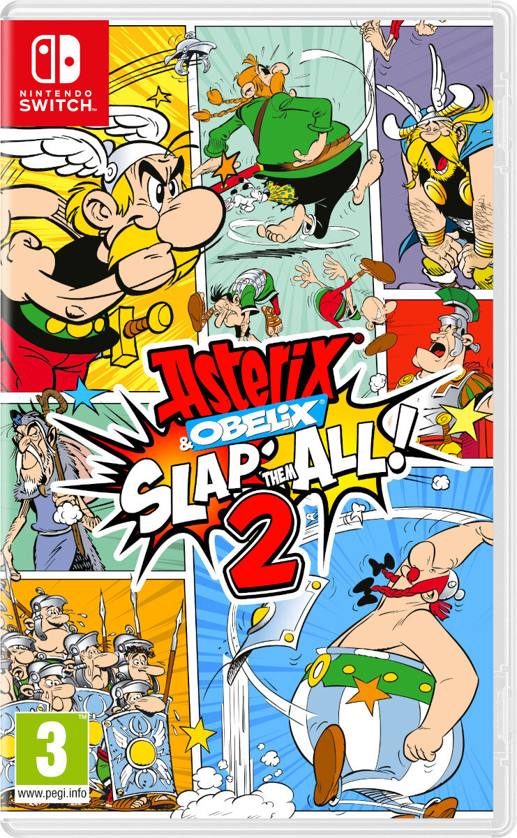 Okładka gry Asterix & Obelix. Postacie walczą. Jasne kolory. Logo Nintendo Switch. Styl komiksowy.
