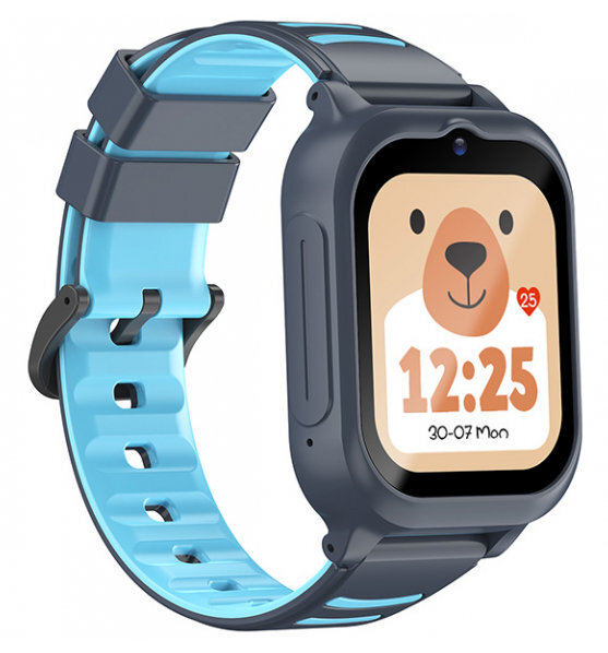 Dziecięcy smartwatch z niebieskim paskiem i ciemnoszarym etui. Ekran pokazuje misia i godzinę 12:25.