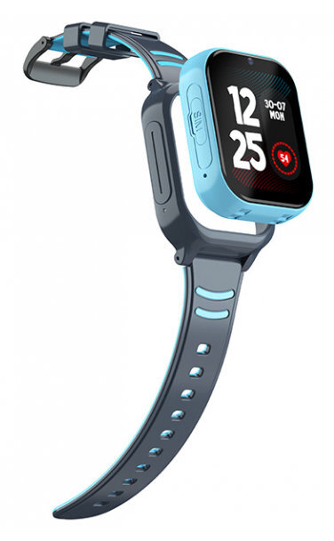Niebieski smartwatch z ciemnym paskiem wyświetla 12:25 z datą i sercem.