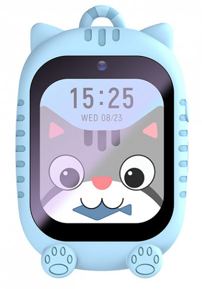 Jasnoniebieski smartwatch dla dzieci z motywem kota i rybą w pysku.