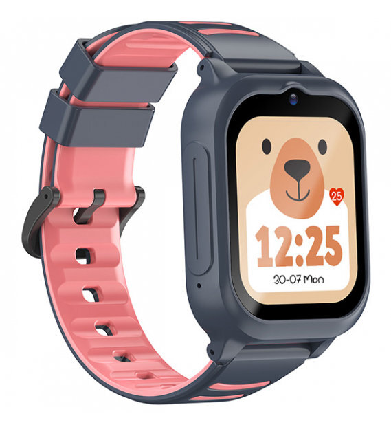 Smartwatch z twarzą misia na ekranie, niebieski i różowy pasek.