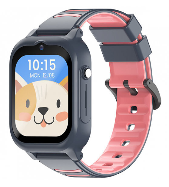 Smartwatch z niebieską obudową i różowym paskiem wyświetla godzinę i kreskówkowego psa.