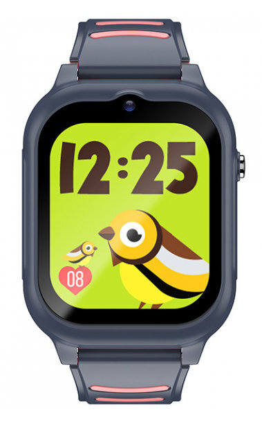 Smartwatch z zieloną tarczą. Pokazuje ilustrację ptaka i czas.