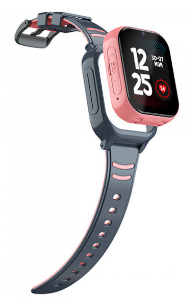 Smartwatch z różowym i szarym paskiem, różowym przyciskiem bocznym i ekranem pokazującym czas.