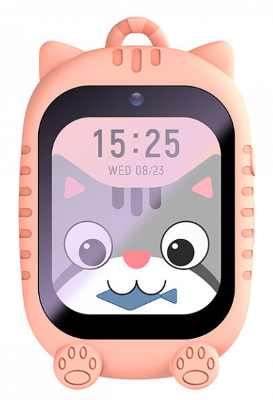 Różowy smartwatch w kształcie kota z cyfrowym wyświetlaczem pokazującym godzinę i datę oraz twarz kota z kreskówki.