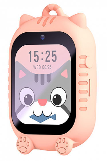 Różowy smartwatch w kształcie kota, pokazujący godzinę i datę.