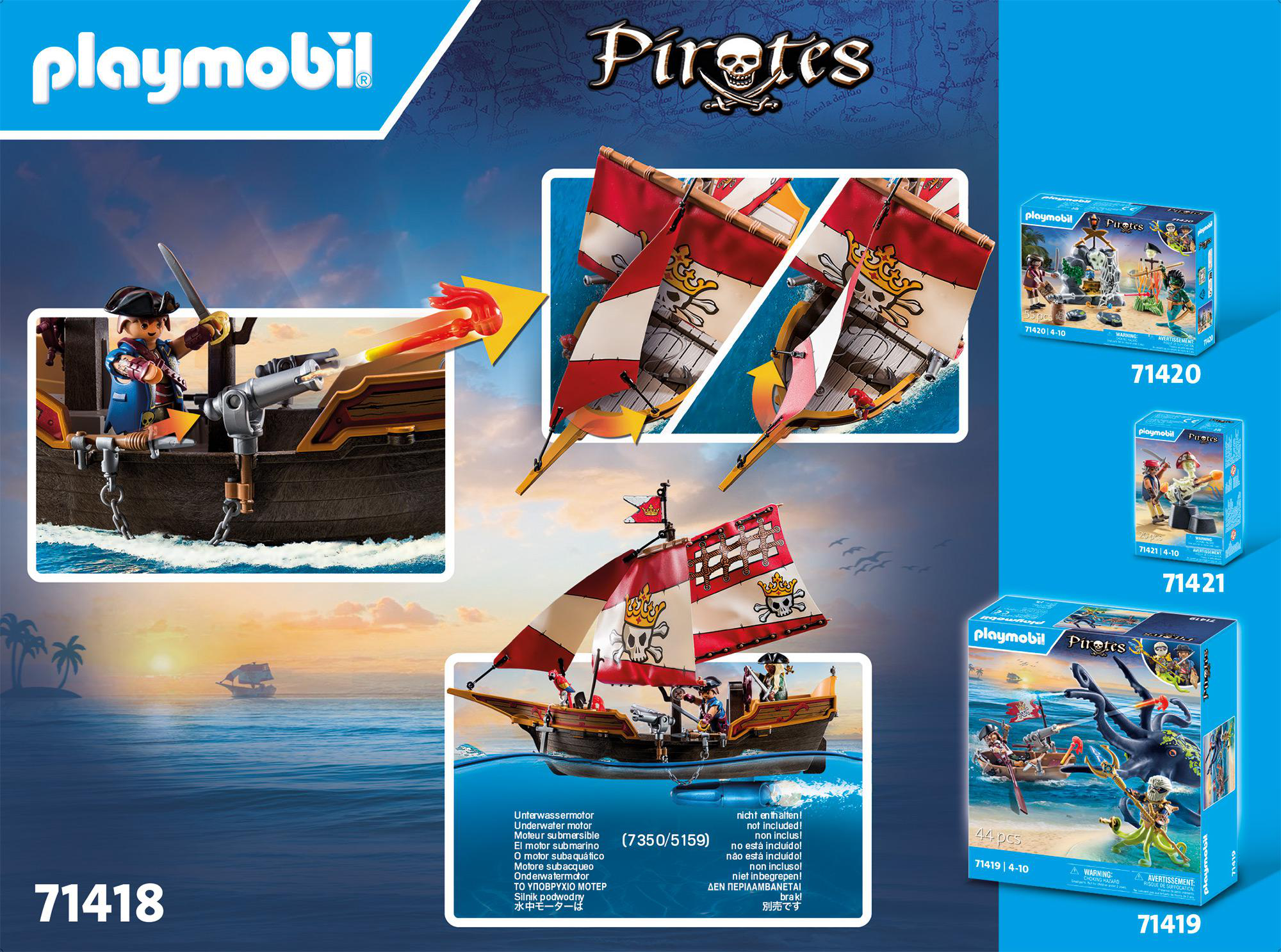 Playmobil Piraten-Set-Box-Art. Zeigt Piratenschiff und zusätzliche kleine Boxen rechts.