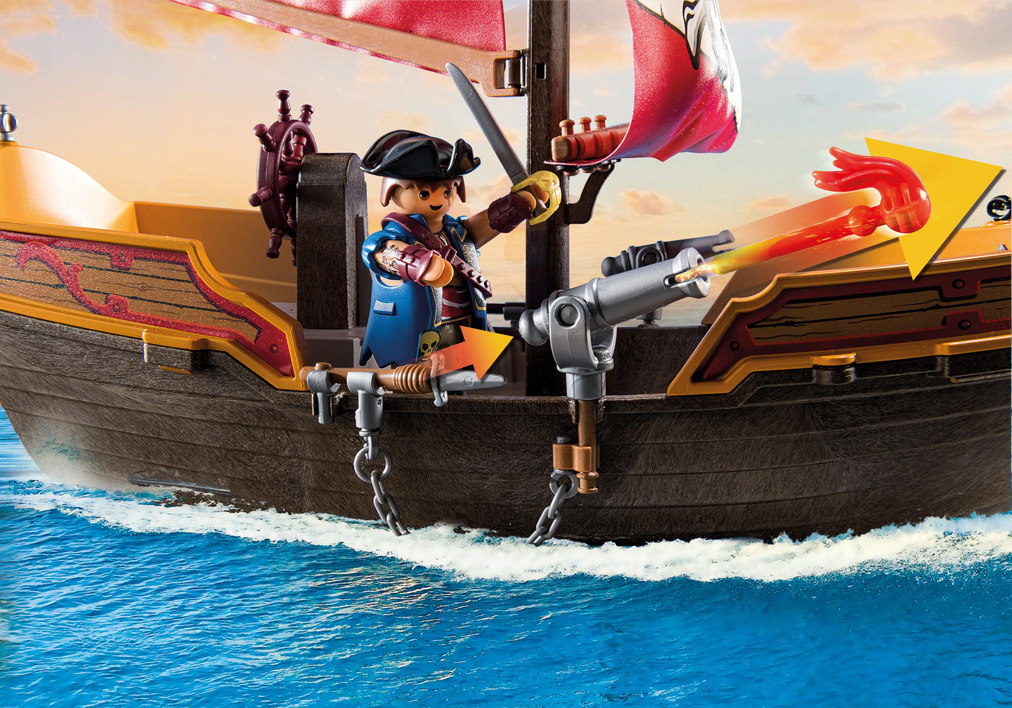 Ein Piratenschiff-Spielzeug, das eine Kanone mit einer Piratenfigur abfeuert.
