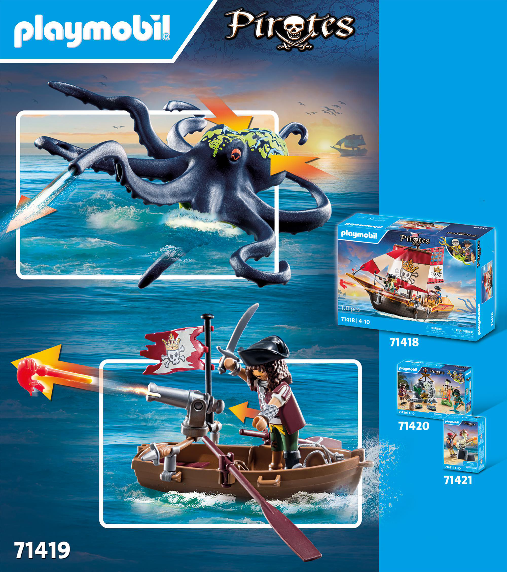 Playmobil-Set mit Piraten. Enthält einen Piraten auf einem Boot, einen Oktopus und ein Schiff.