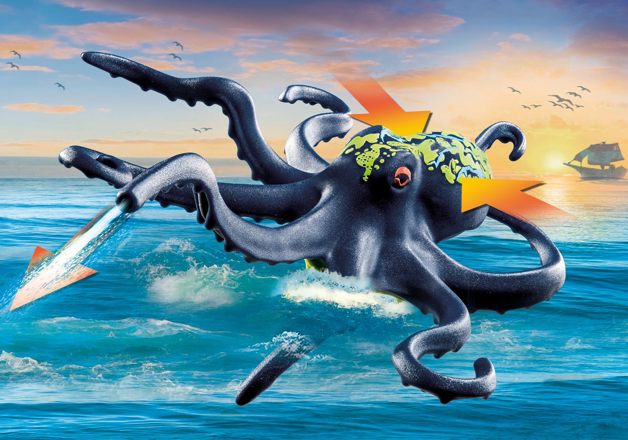 Ein Spielzeug-Oktopus im Wasser mit einem Schiff im Hintergrund. Orangefarbene Pfeile und Sonne am Himmel.