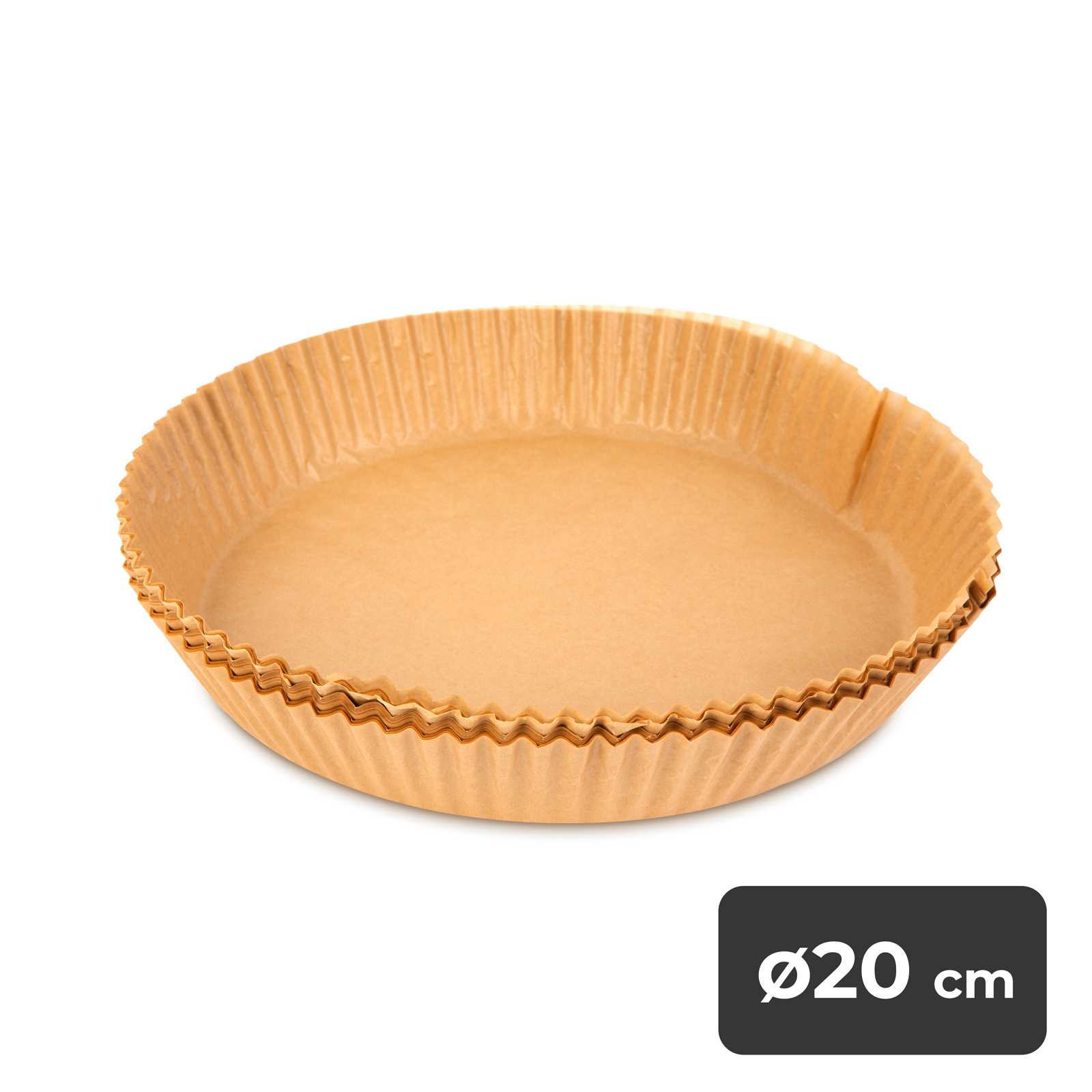 Két barna, kerek papír sütőforma fehér háttér előtt. Fekete szöveg: ø20 cm.
