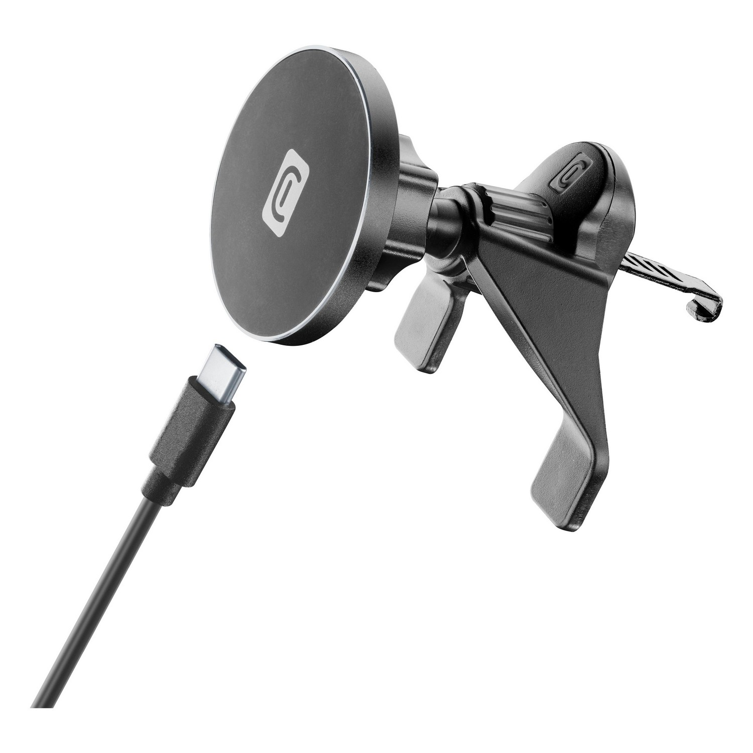 Support de téléphone noir avec support magnétique et câble USB-C.