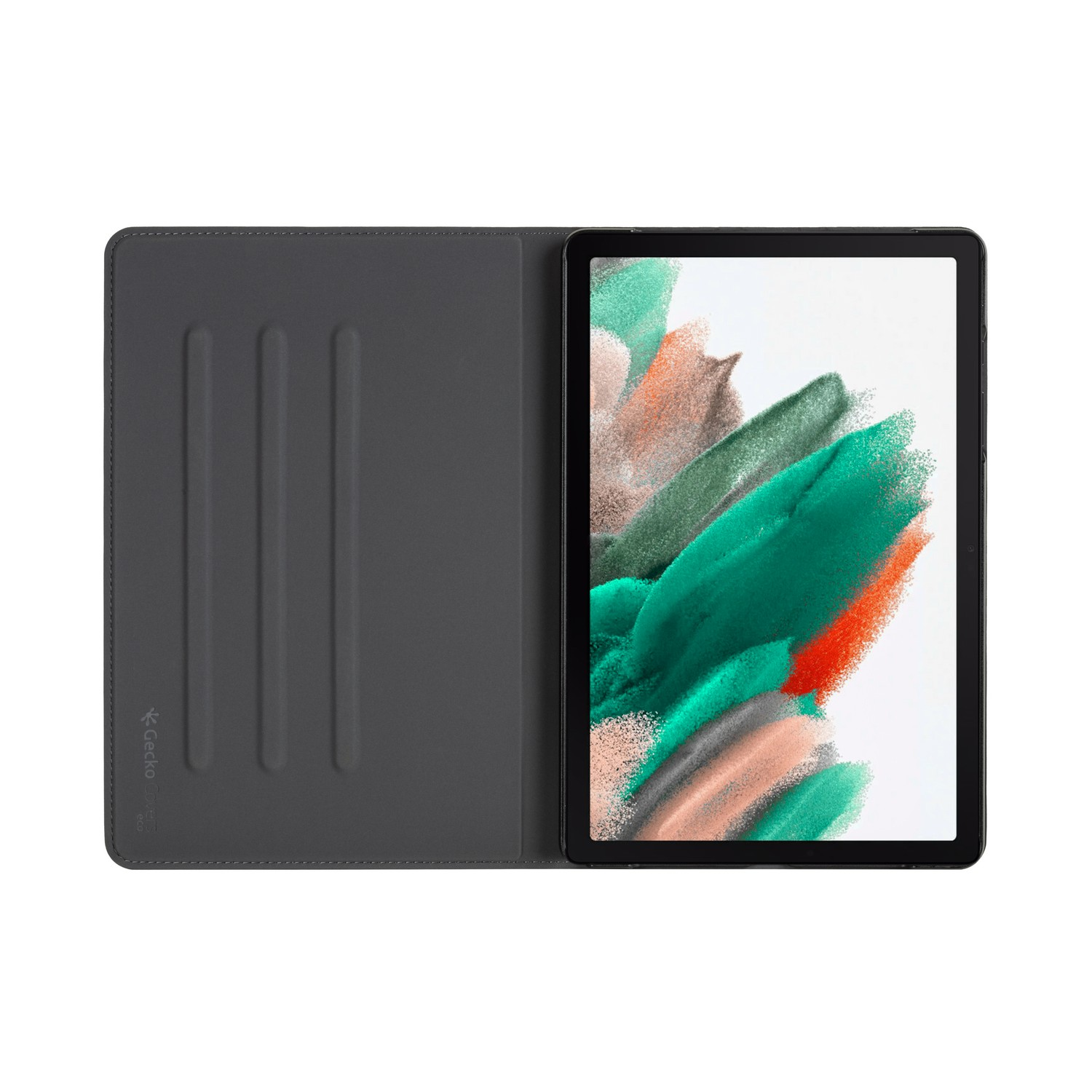 Gray tablet in open case. Tablet has a screen with green and red colors.