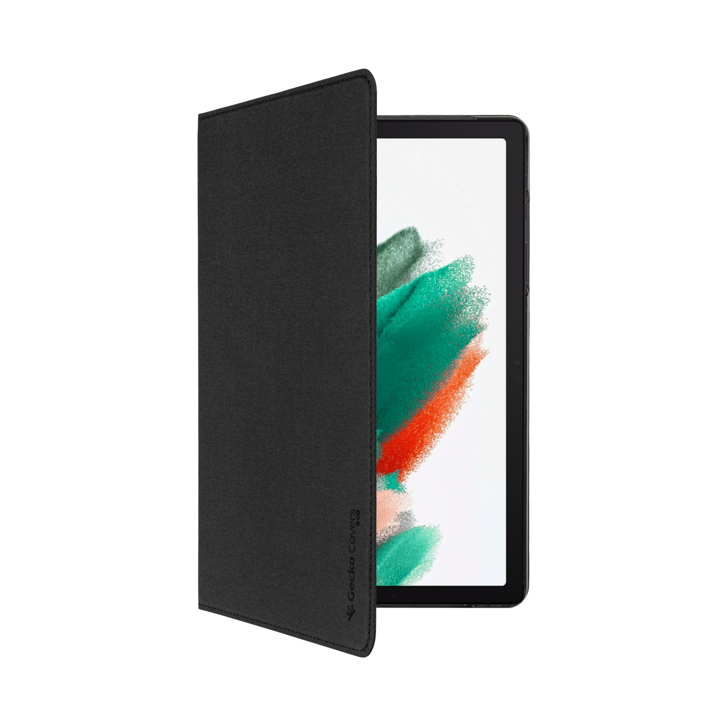 Black tablet with a partially open black cover.