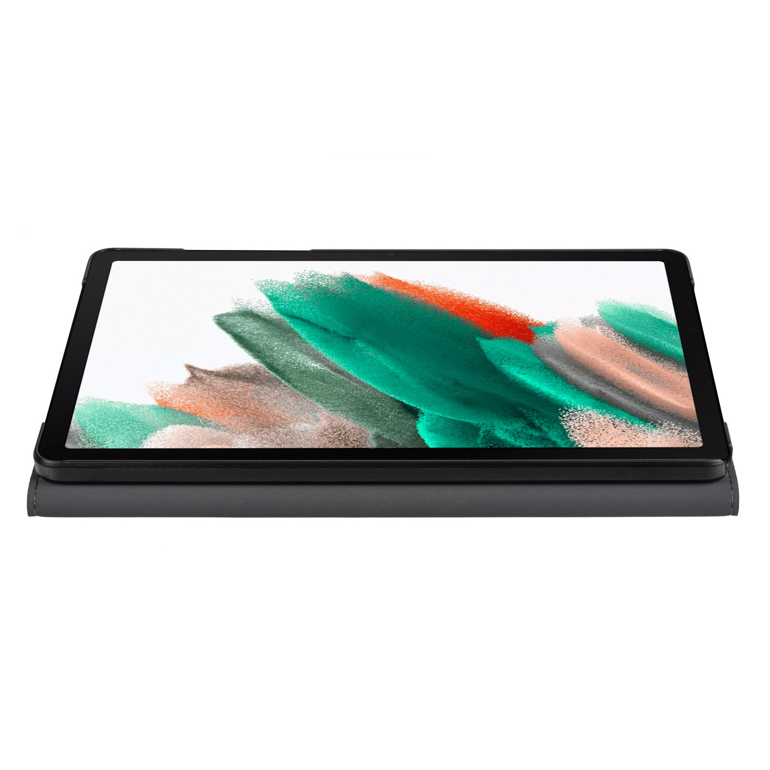 A black tablet in a black cover, showing a colorful abstract painting on the screen.