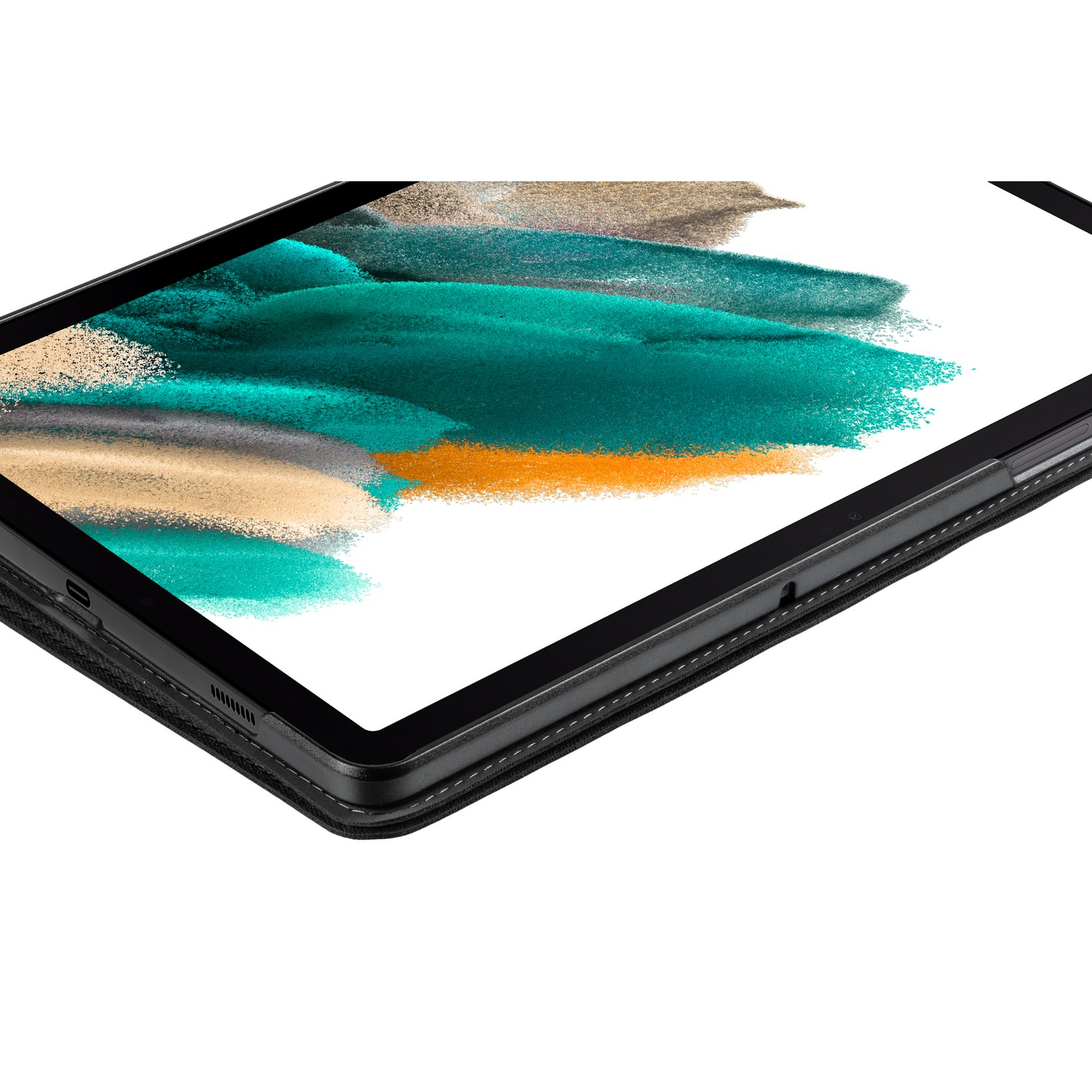 Close-up of a tablet with a black frame, displaying a colorful abstract painting on a white background.